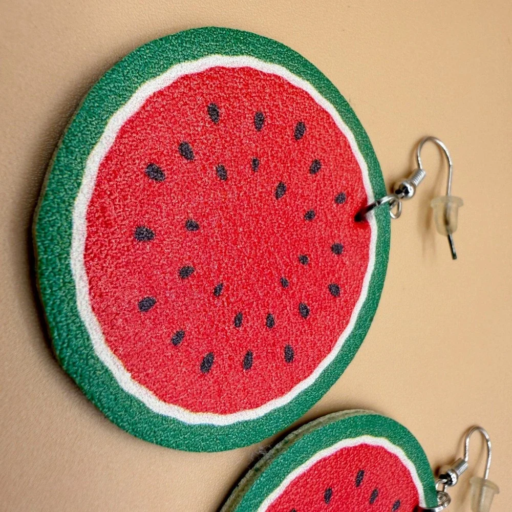Watermelon Wood Dangle Earrings Red Green Fruit Summer Statement Novelty Gift